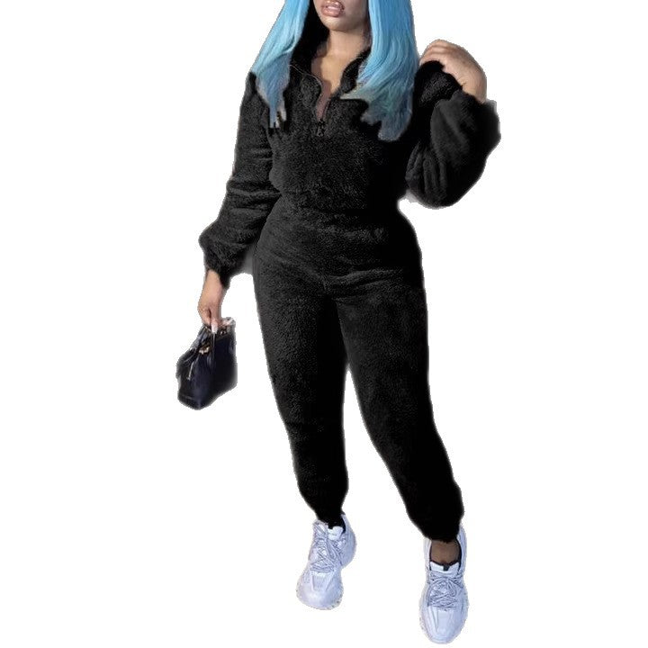 Damen nan kuscheliges Teddy-Lounge-Set mit Halbzip und Highwaist-Jogger R&B