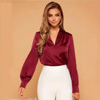 R&B | V-Ausschnitt Langarm Satin Bluse
