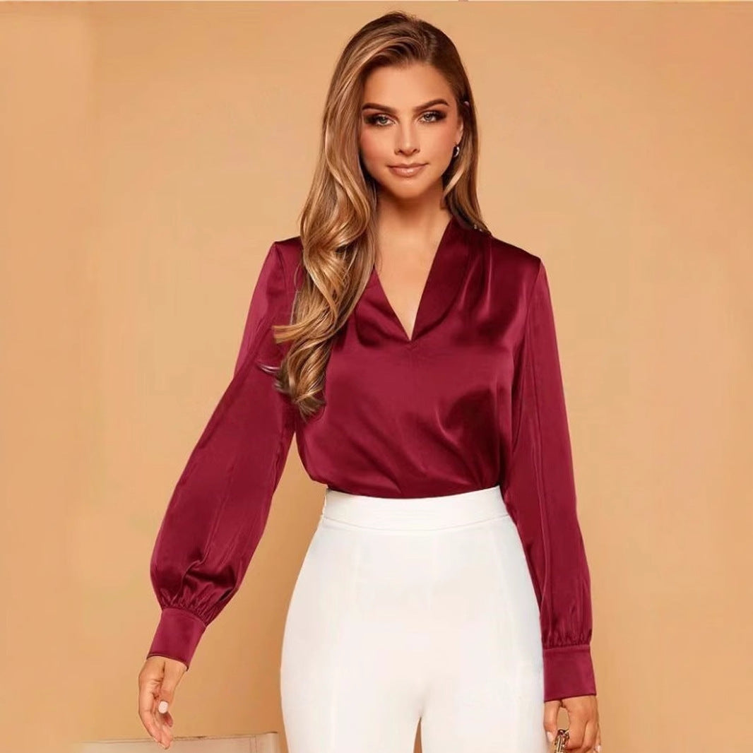 R&B | V-Ausschnitt Langarm Satin Bluse