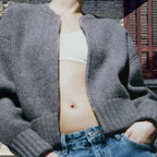 Damen lässiger Strickjacke mit hochgeschlossenem Reißverschluss und voluminösen Ärmeln R&B