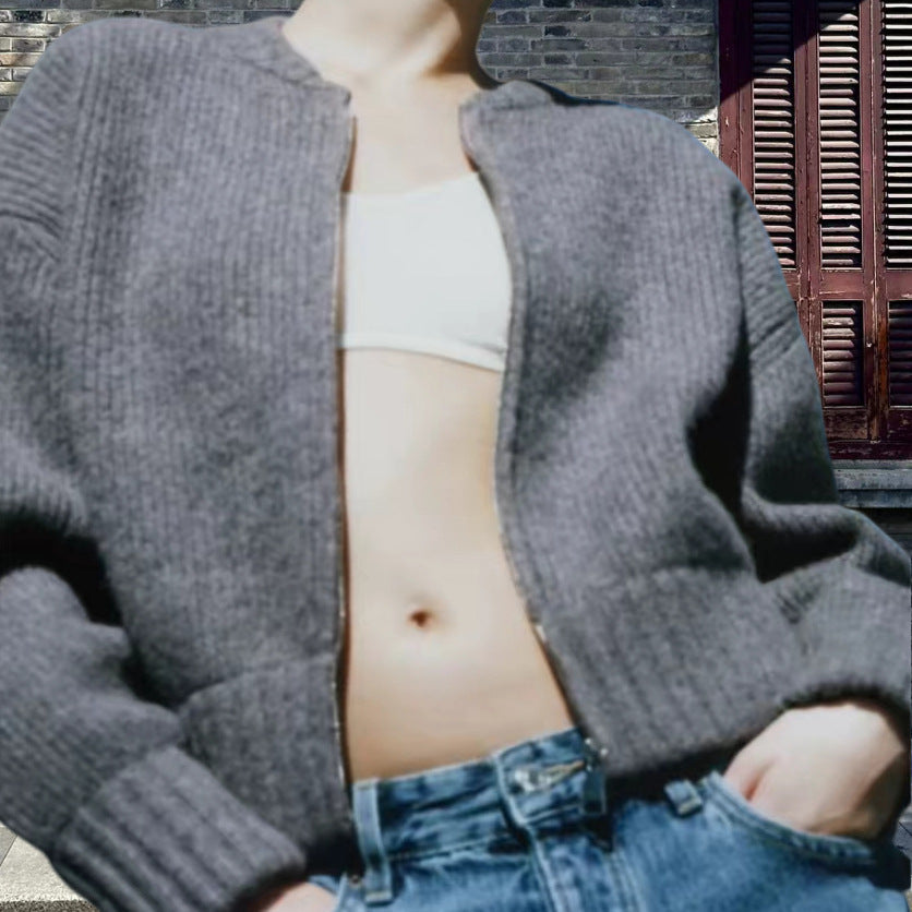 Damen lässiger Strickjacke mit hochgeschlossenem Reißverschluss und voluminösen Ärmeln R&B