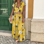 Damen Maxikleid mit Blumenmuster und elegantem Taillengürtel R&B