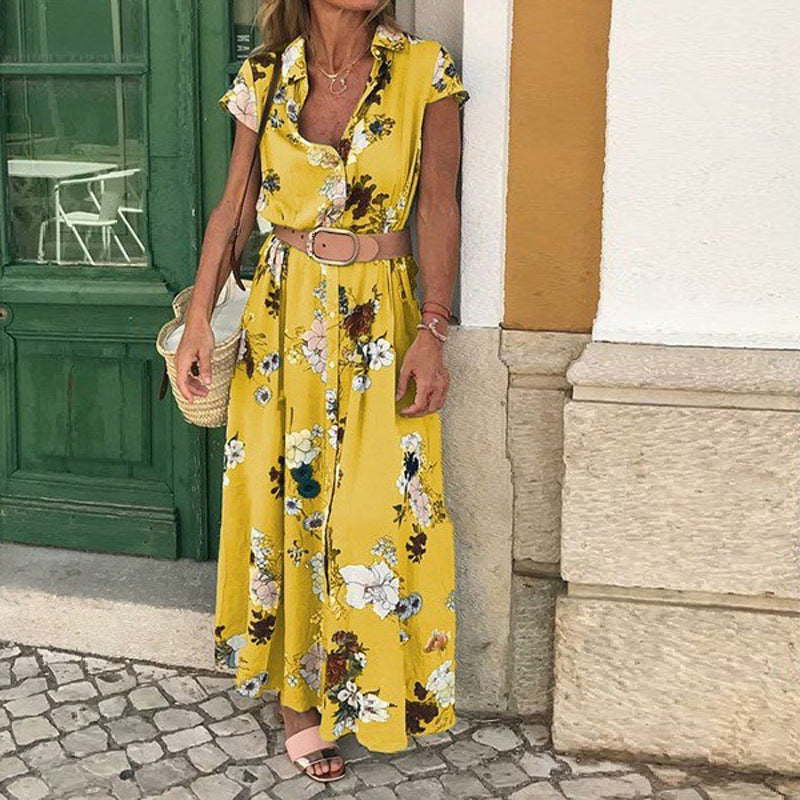 Damen Maxikleid mit Blumenmuster und elegantem Taillengürtel R&B