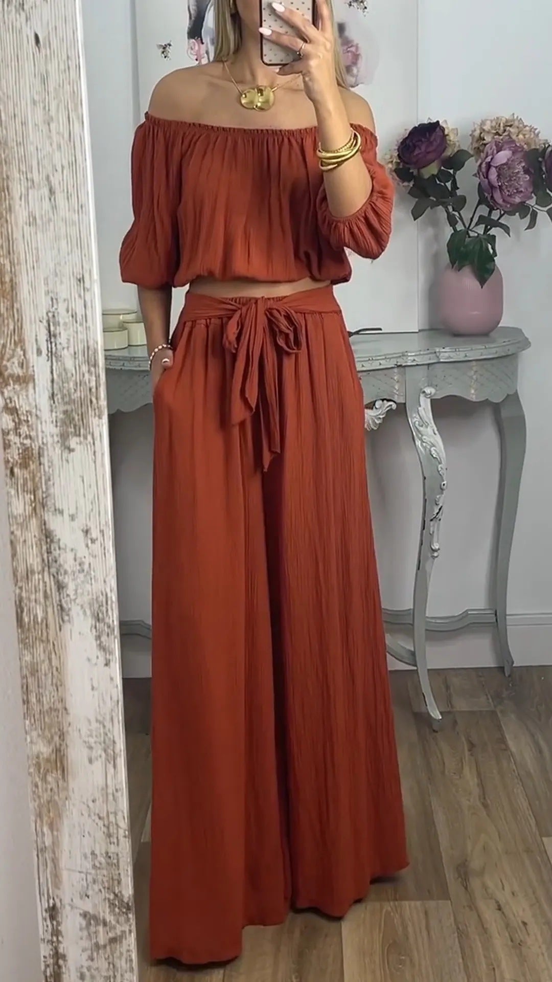 Damen Off-Shoulder Set mit weitem Hosen und taillierbarem Oberteil R&B