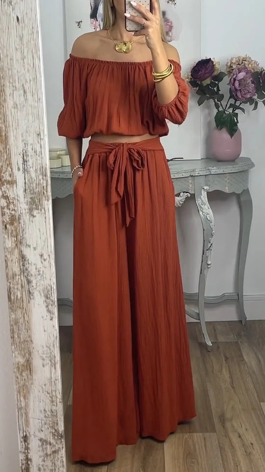Damen Off-Shoulder Set mit weitem Hosen und taillierbarem Oberteil R&B
