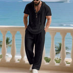 Herren komfortables Freizeit-Set mit modischem Henley-Oberteil und lockeren Hosen R&B