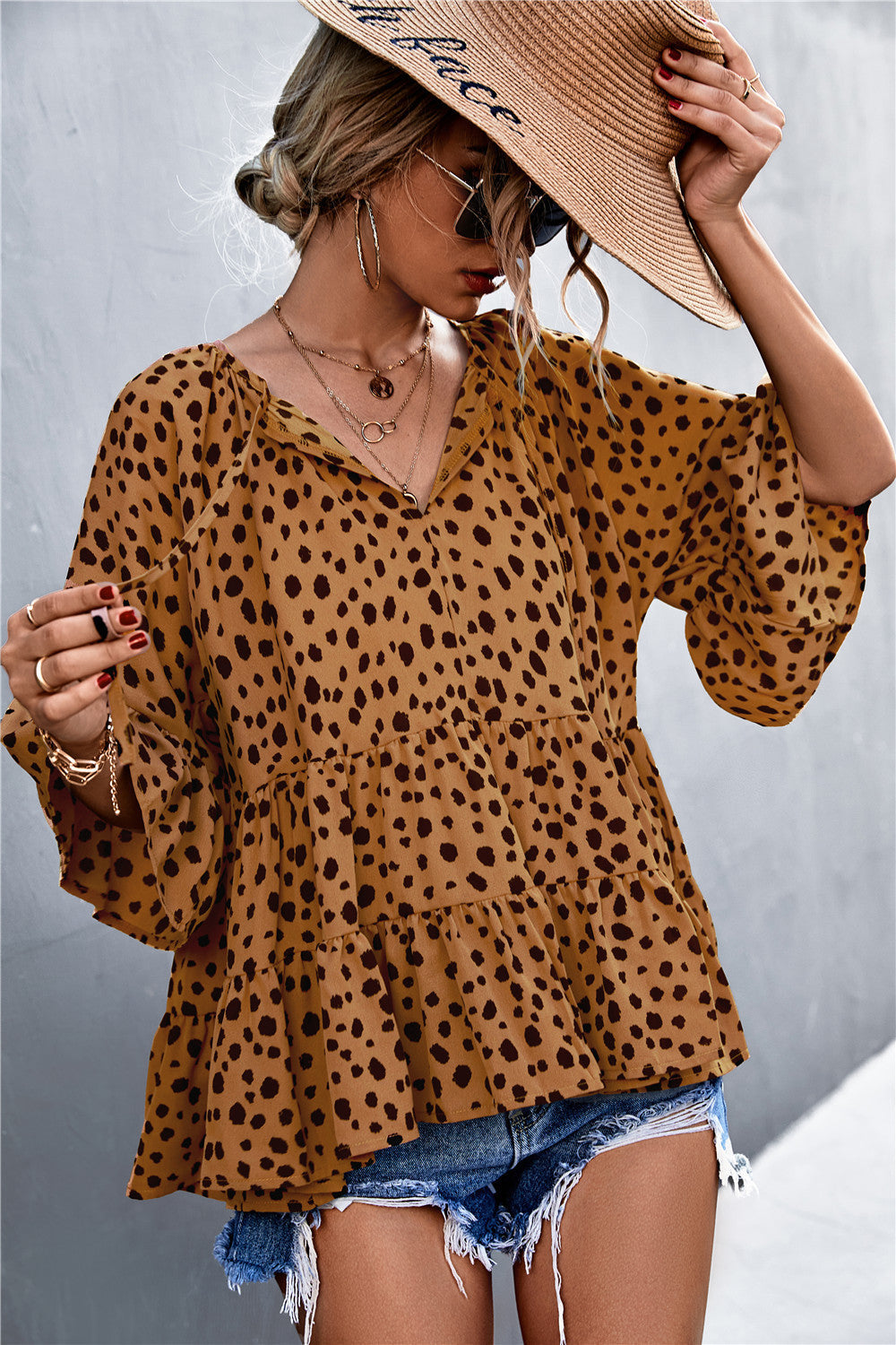 Damen lässige Bluse mit voluminösen Ärmel und modischem Punktmuster R&B