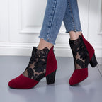 Damen Elegante und modische Ankle Boots mit floralen Spitzeinsatz und glitzerndem Absatz R&B