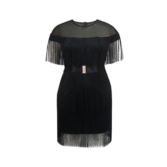 Damen Fransen Kleid mit elegantem Taillengürtel R&B