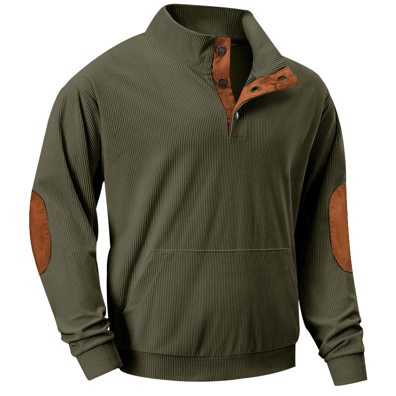 Herren nan geripptes Stehkragen-Pullover mit Knopfleiste, Kängurutasche und Wildleder-Ellenbogenpatches R&B