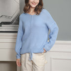 Damen Grobstrick Pullover mit attraktivem V-Ausschnitt und praktischen Kordeldetails