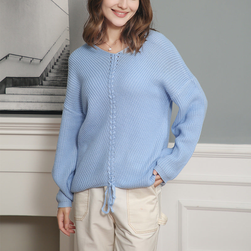Damen Grobstrick Pullover mit attraktivem V-Ausschnitt und praktischen Kordeldetails