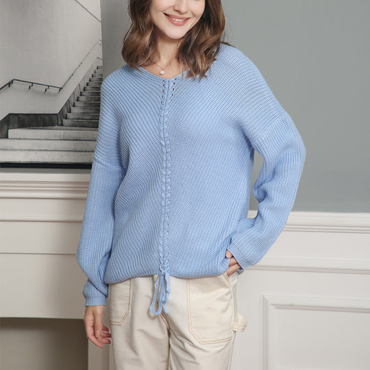 Damen Grobstrick Pullover mit attraktivem V-Ausschnitt und praktischen Kordeldetails R&B