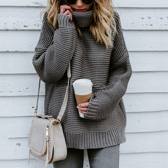 Damen Grobstrickpullover mit hohem Kragen und lässiger Passform R&B