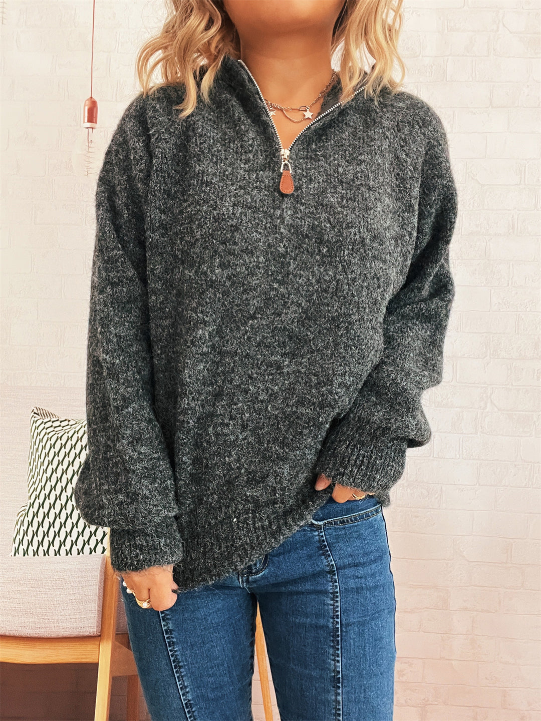 Damen kuscheliger Kapuzenpullover mit Zipper und modernem Rippdesign R&B