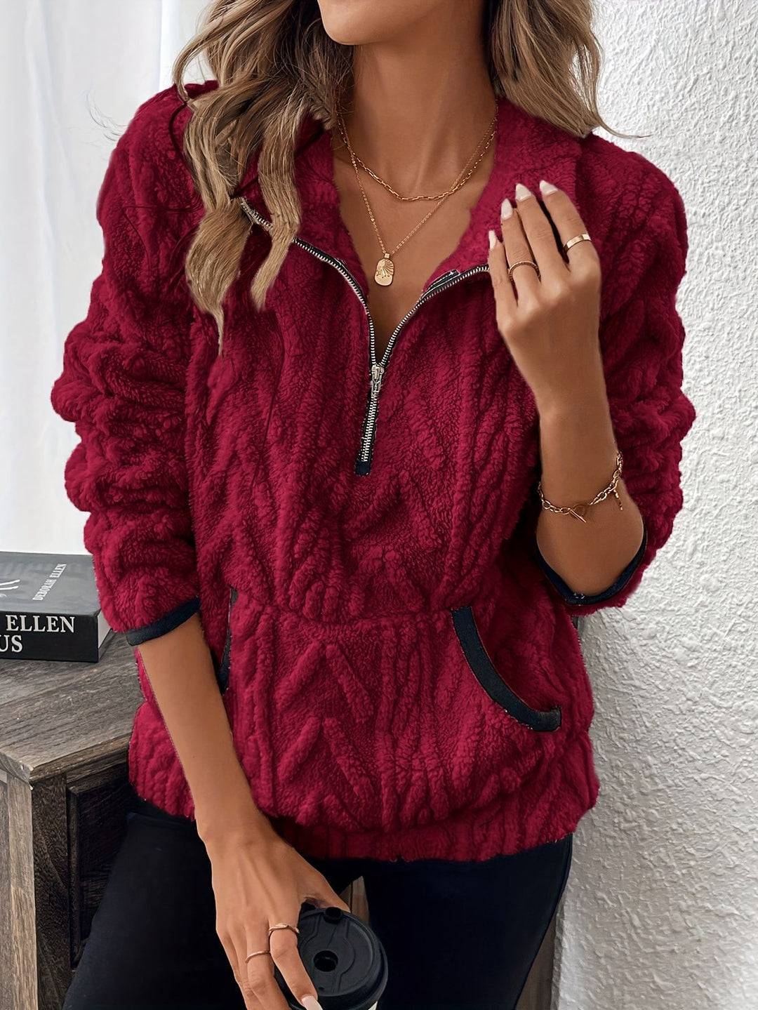 Damen weicher und bequemer Pullover mit halbem Reißverschluss R&B
