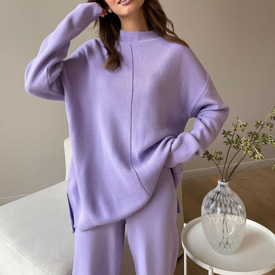 Damen Lässiges Strickensemble mit weitem Schnitt und hohem Kragen R&B