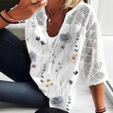 Damen nan V-Ausschnitt-Tunika mit Ajourstrick-Ärmeln und dezentem Aquarell-Blumenprint R&B