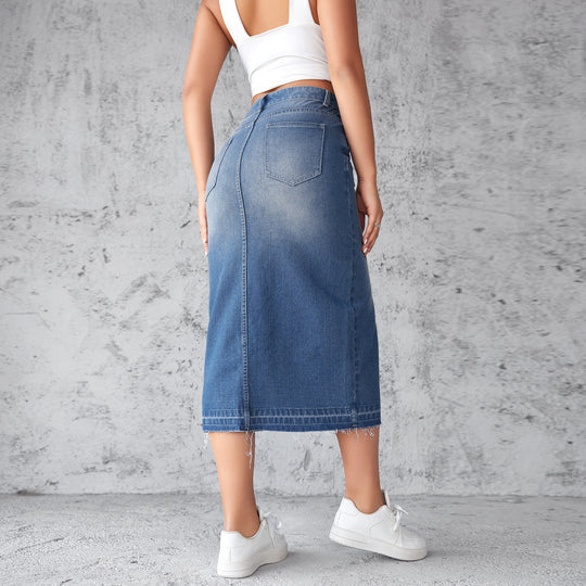 Damen Jeansrock mit hoch geschnittenem Schlitz und fransigem Saum R&B