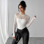 Damen Spitzenshirt mit elegantem hohem Kragen und langem Arm R&B
