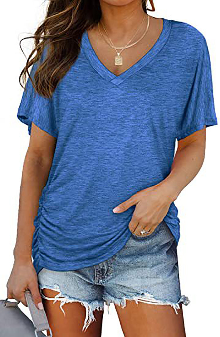Damen V-Ausschnitt T-Shirt mit dekorativem Raffungseffekt R&B