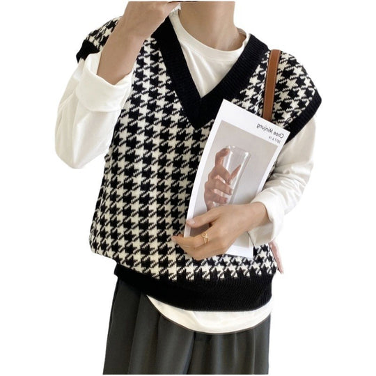 Damen modische Strickweste mit graphischem Hahnentrittmuster R&B