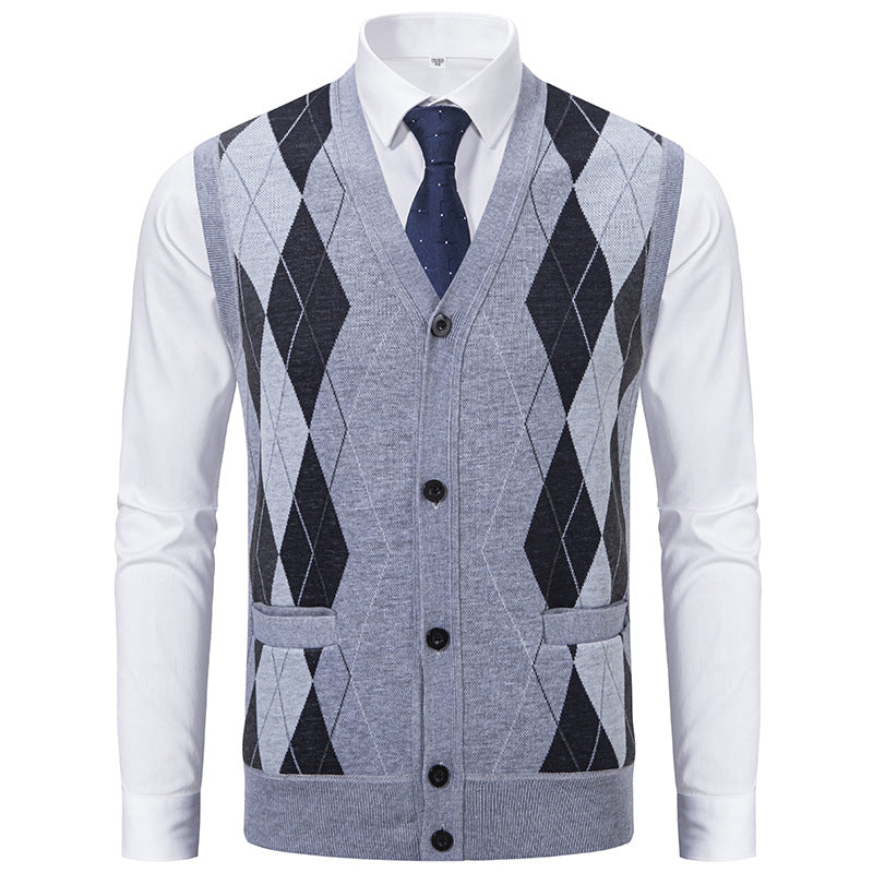 Herren elegante Strickweste mit klassischem Rautenmuster und praktischen Taschen R&B