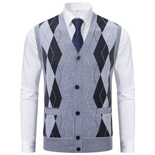 Herren elegante Strickweste mit klassischem Rautenmuster und praktischen Taschen R&B