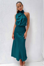Damen Fließendes Maxikleid mit elegantem Stehkragen und Drapierung R&B