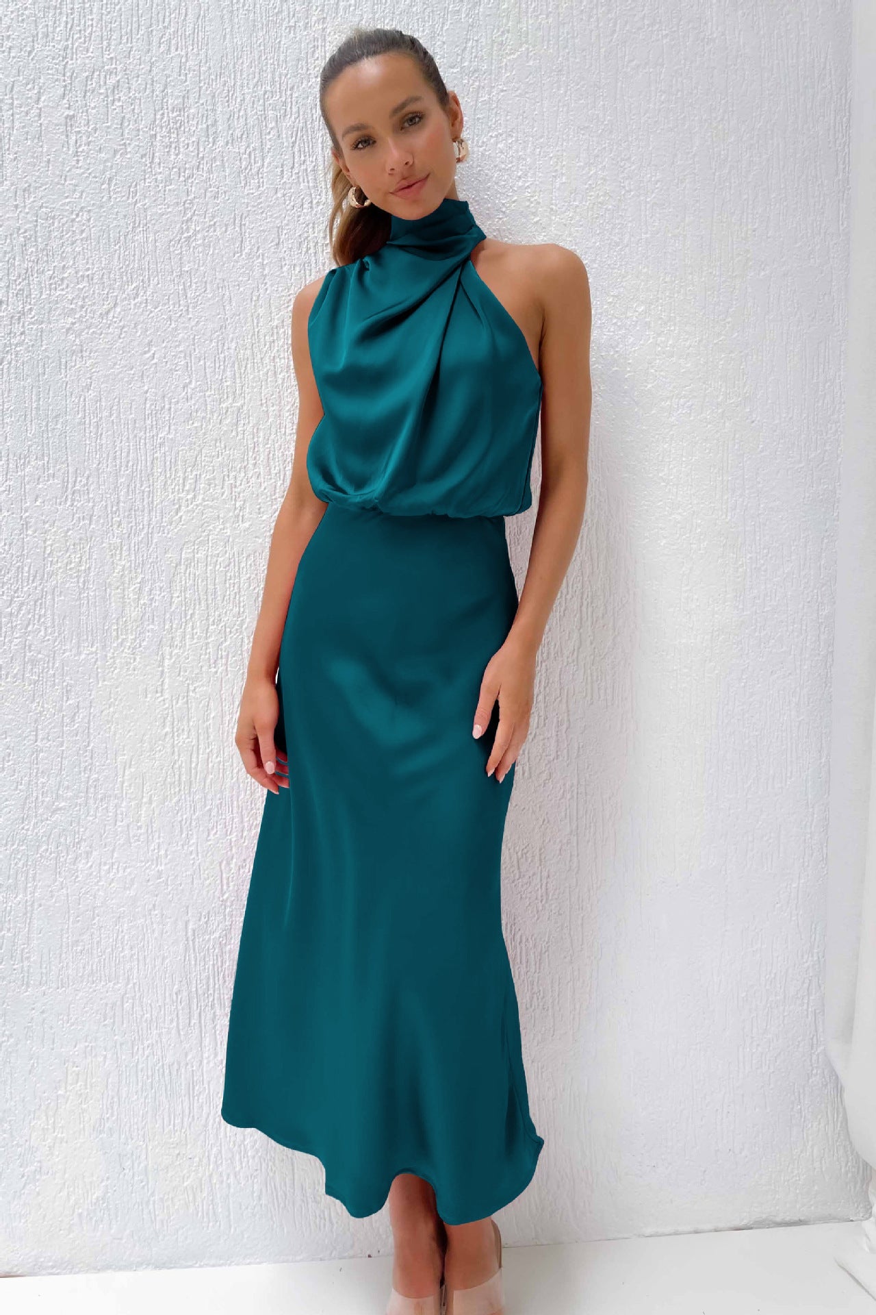 Damen Fließendes Maxikleid mit elegantem Stehkragen und Drapierung R&B