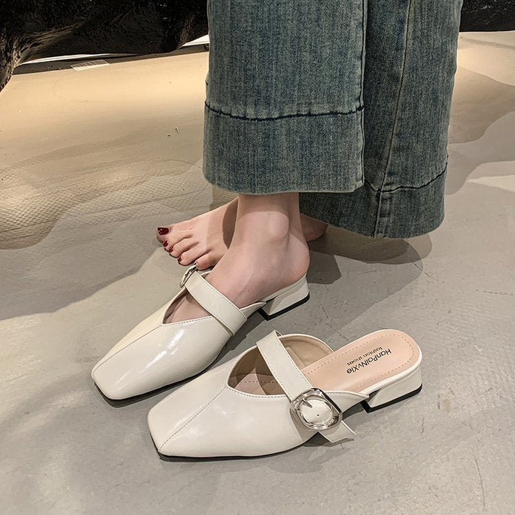 Damen elegante Mules mit quadratischer Zehenpartie und modischen Schnallenakzenten R&B