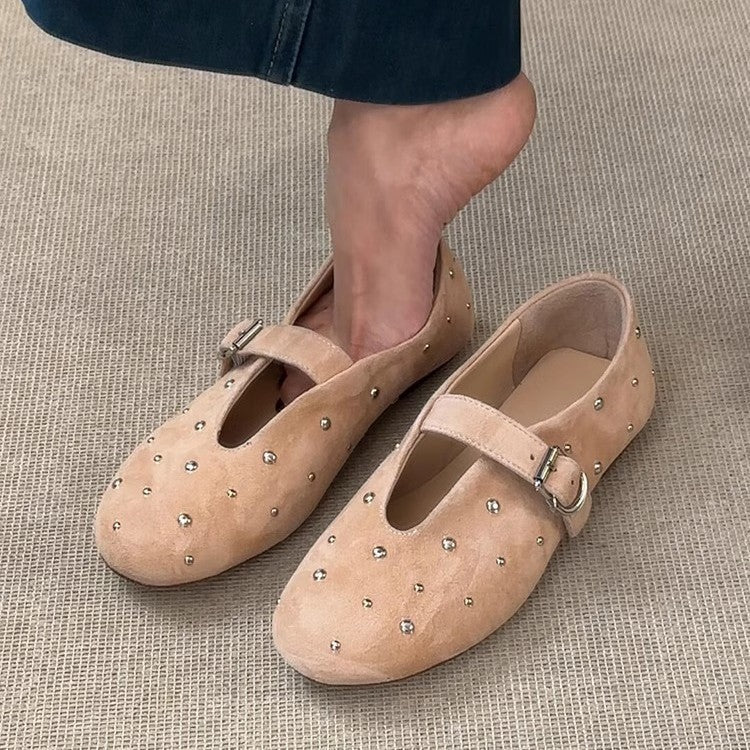 Damen elegante Ballerinas mit dekorativen Schmucksteinen und modischem Riemchen R&B