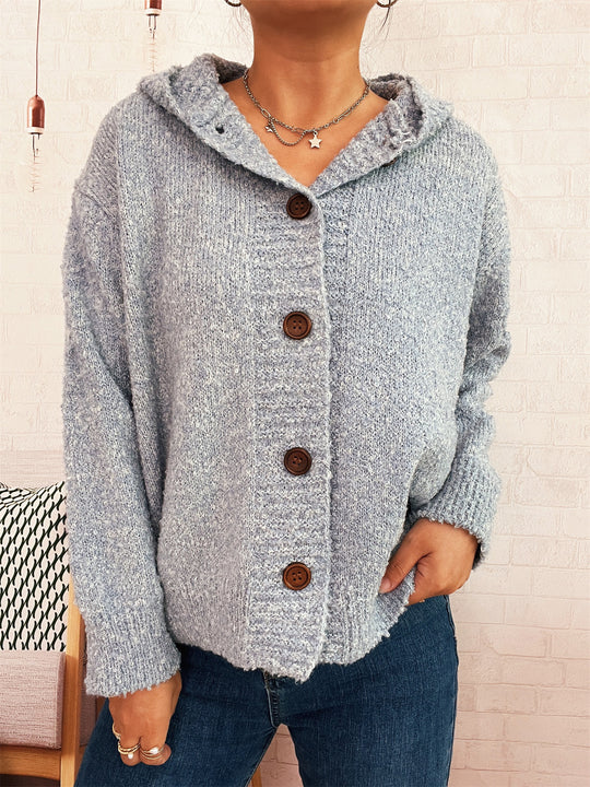 Damen kuschelige Strickjacke mit Kapuze und Knopfdetails R&B
