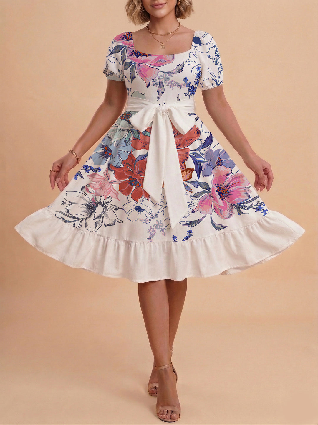 Damen Sommerliches Blumenkleid mit taillierbarem Gürtel und voluminösen Ärmeln R&B