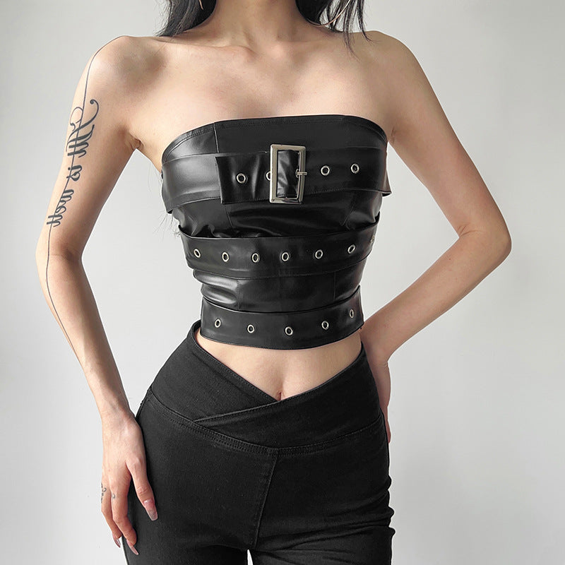 Damen Couture Oberteil aus Leder mit dekorativen Schnallen und Ösen R&B