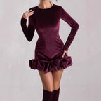 Damen Minikleid aus edlem Samt mit voluminösen Rüschendetails R&B