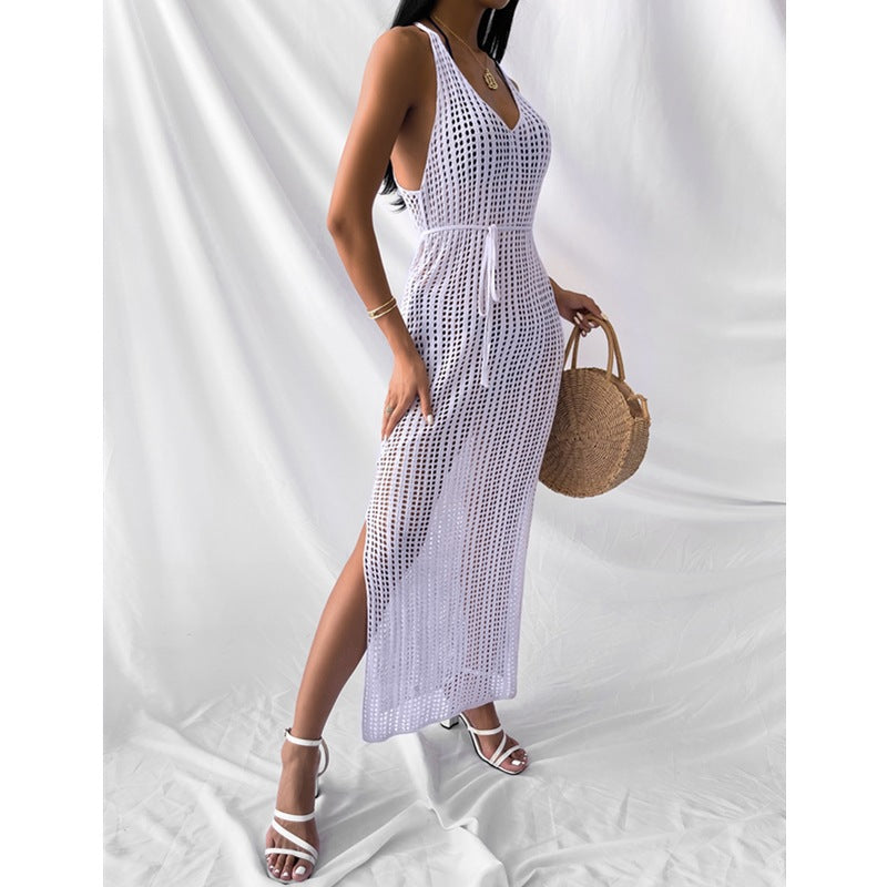 Damen gehäkeltes Maxikleid mit tiefem V-Ausschnitt und seitlichem Schlitz R&B