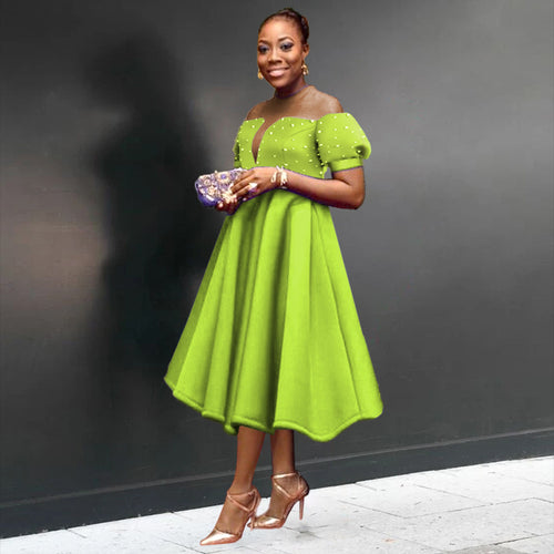 Damen A-Linien Kleid mit schulterfreiem Design und eleganten Perlenverzierungen R&B