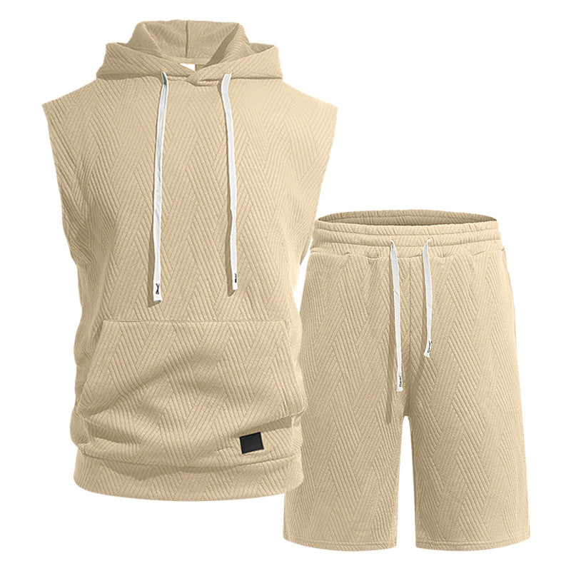 Herren nan ärmelloses Kapuzen-Lounge-Set aus strukturierter Baumwollmischung mit Kängurutasche und elastischer Freizeithose R&B