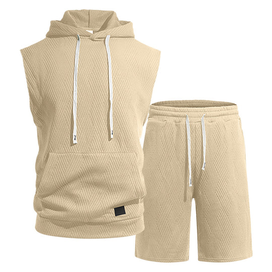 Herren nan ärmelloses Kapuzen-Lounge-Set aus strukturierter Baumwollmischung mit Kängurutasche und elastischer Freizeithose R&B