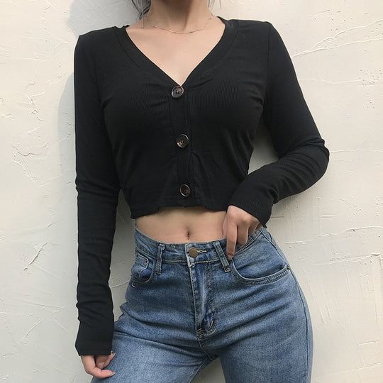 Damen Figurbetontes Langarmcropped Oberteil mit Knopfdetails R&B