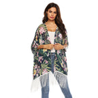 Damen Kimono mit floralem Design und Fransen R&B