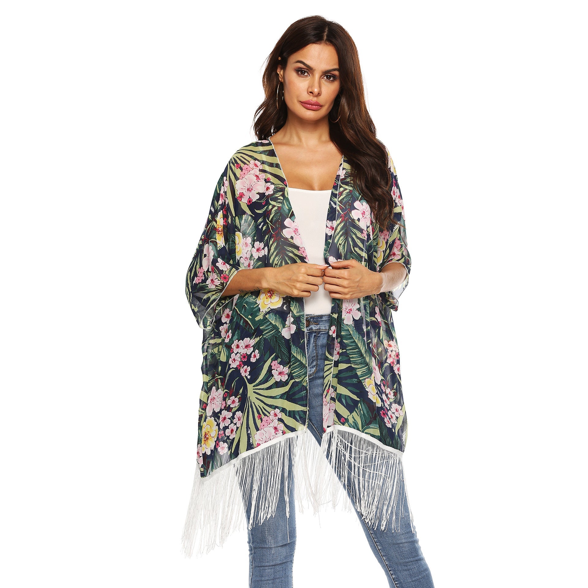 Damen Kimono mit floralem Design und Fransen R&B