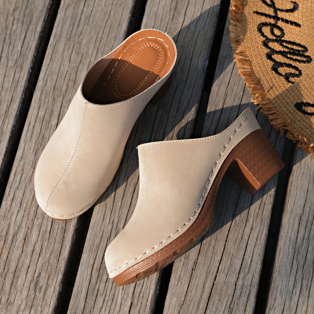 Damen bequeme Clogs aus hochwertigem Wildleder mit elegantem Blockabsatz R&B