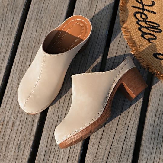 Damen bequeme Clogs aus hochwertigem Wildleder mit elegantem Blockabsatz R&B