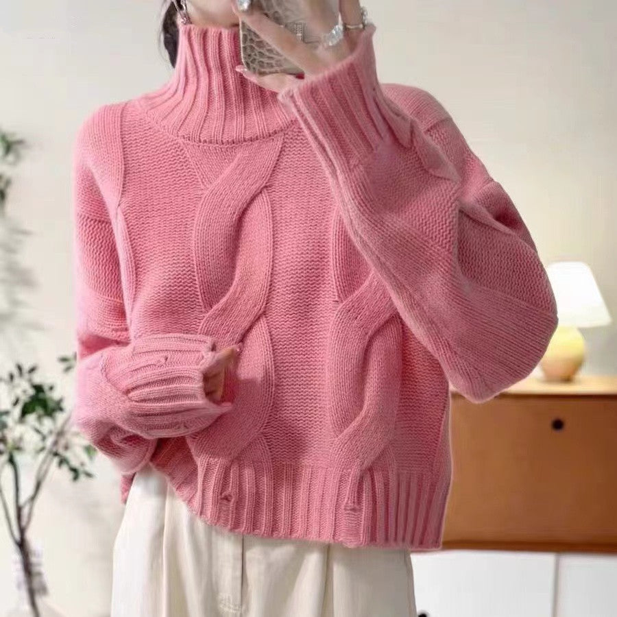 Damen Strickpullover mit hohem Kragen und Zopfmuster R&B