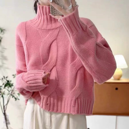 Damen Strickpullover mit hohem Kragen und Zopfmuster R&B