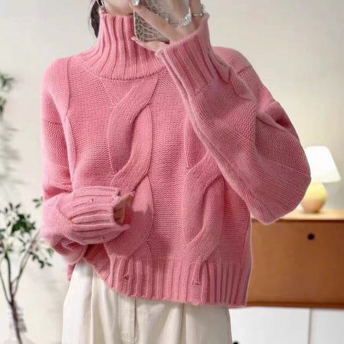 Damen Strickpullover mit hohem Kragen und Zopfmuster R&B
