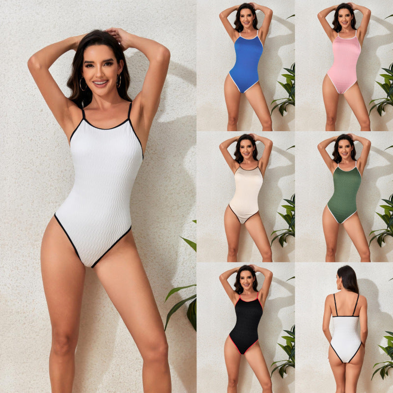 Damen Einteiler Badeanzug mit elegantem Wellenmuster und verstellbaren Trägern R&B