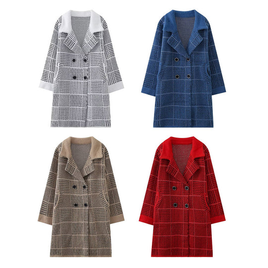 Damen modische Übergangsjacke mit strukturiertem Karomuster und eleganter Knopfleiste R&B